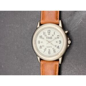 TIME Magazine Quartz Silver Tone Watch w/ Military Dial Brown Leather Band